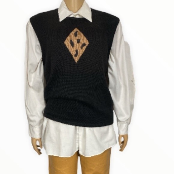 Vintage Terazzo Sweater Vest black Crew neck brown Tan animal print motif Size M - Picture 8 of 15